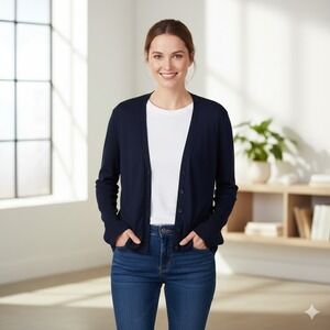 LOFT‎ Women's Navy Blue Button Front Cardigan Sweater Bell Sleeve - Size M